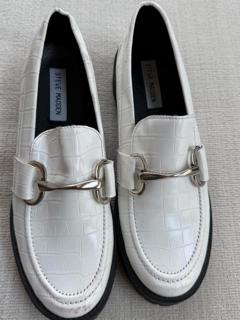 Steve Madden White Croc-Embossed Loafers with Silver Bit